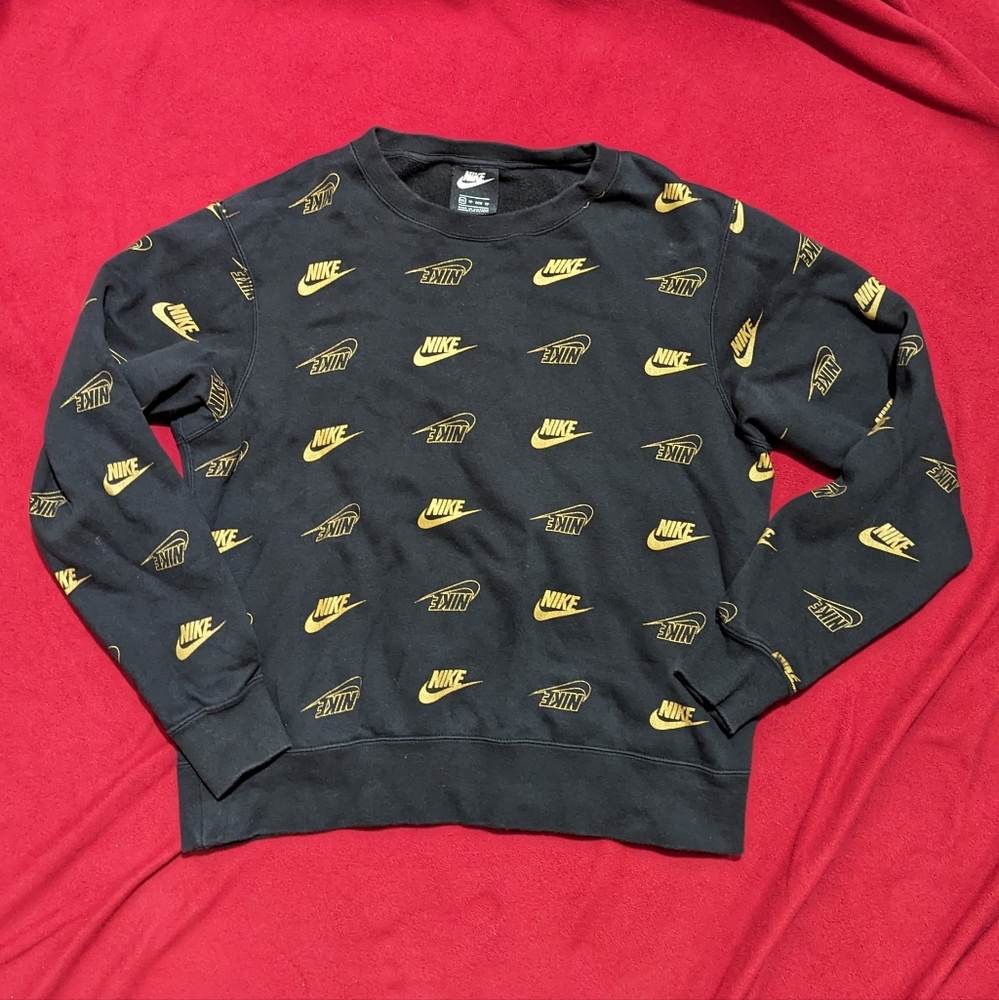 Nike Hoodie Sweatshirt Crew Neck Black Gold Logo XS EUC
